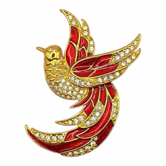 Vintage 90s Giorgio Bird Brooch Red Enamel Cubic Zirconias Gold Tone Plated Nwot - Picture 5 of 9